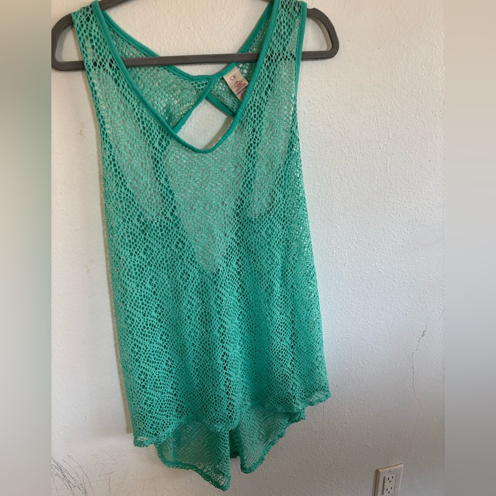 OP Green Crochet Swim Coverup with Asymmetrical Hem